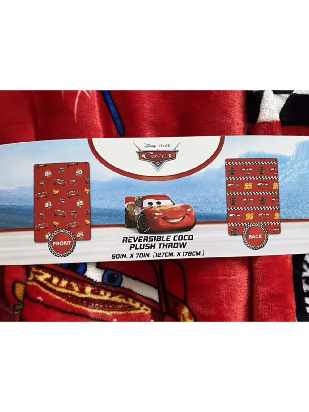 DISNEY Pixar CARS LIGHTNING MCQUEEN Reversible Coco Throw Blanket 50 X 70” NEW